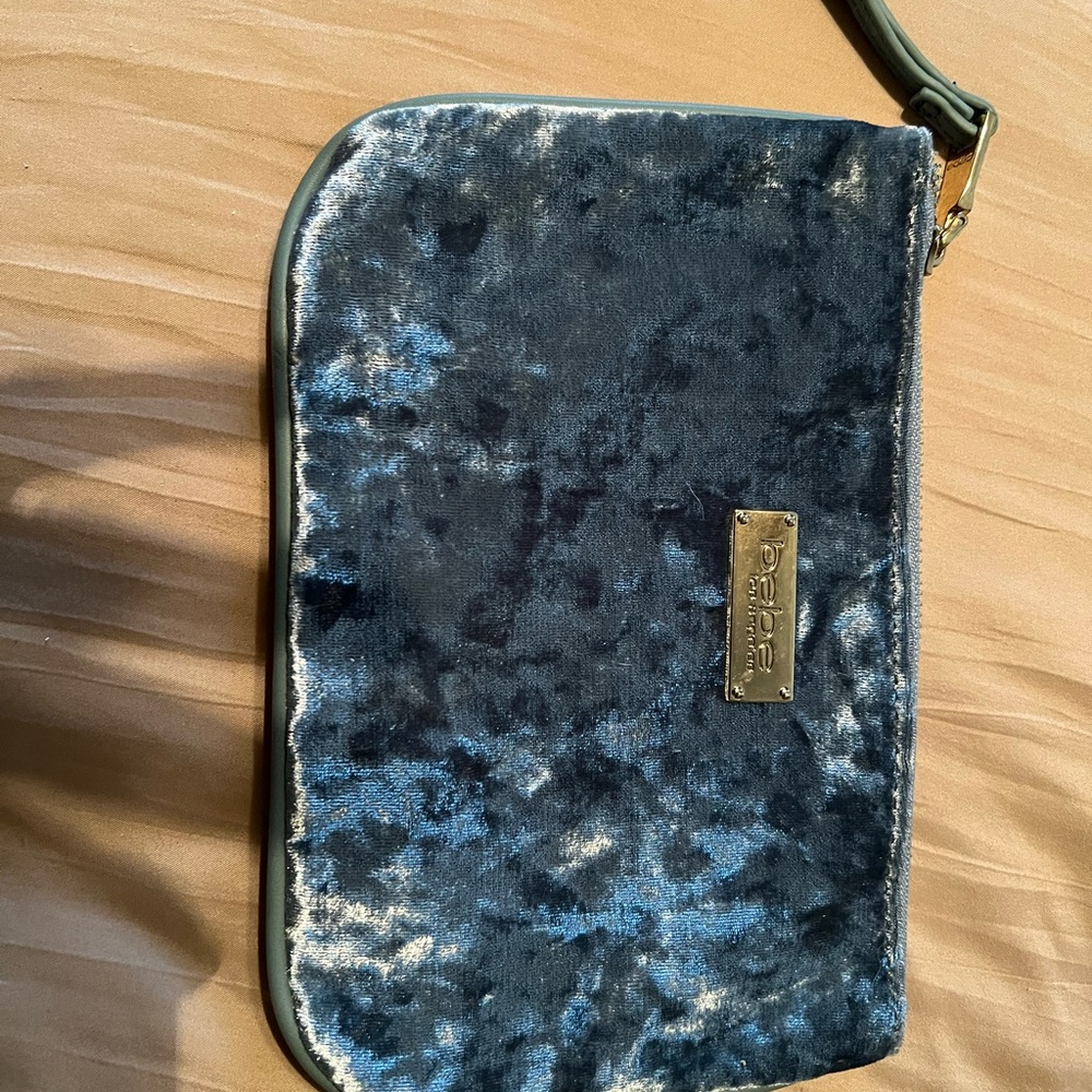 Bebe Blue Velvet Clutch with Gold Accents